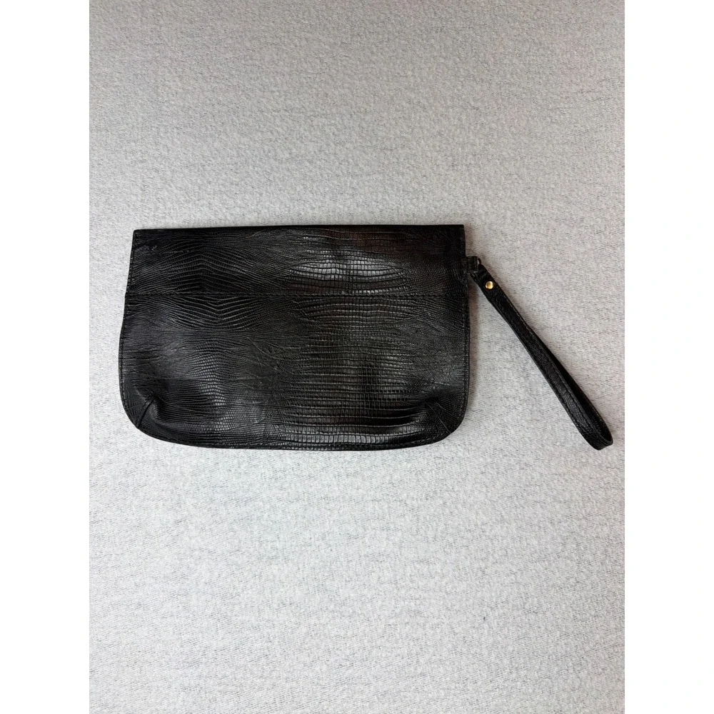 Prune Black Lizard Embossed Leather Wristlet Clutch Bag Gold Hardware Argentina